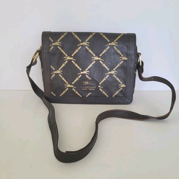 Longchamp Paris Signature Geniue Leather Brown Flap Shoulder Bag Purse Medium - Picture 1 of 10